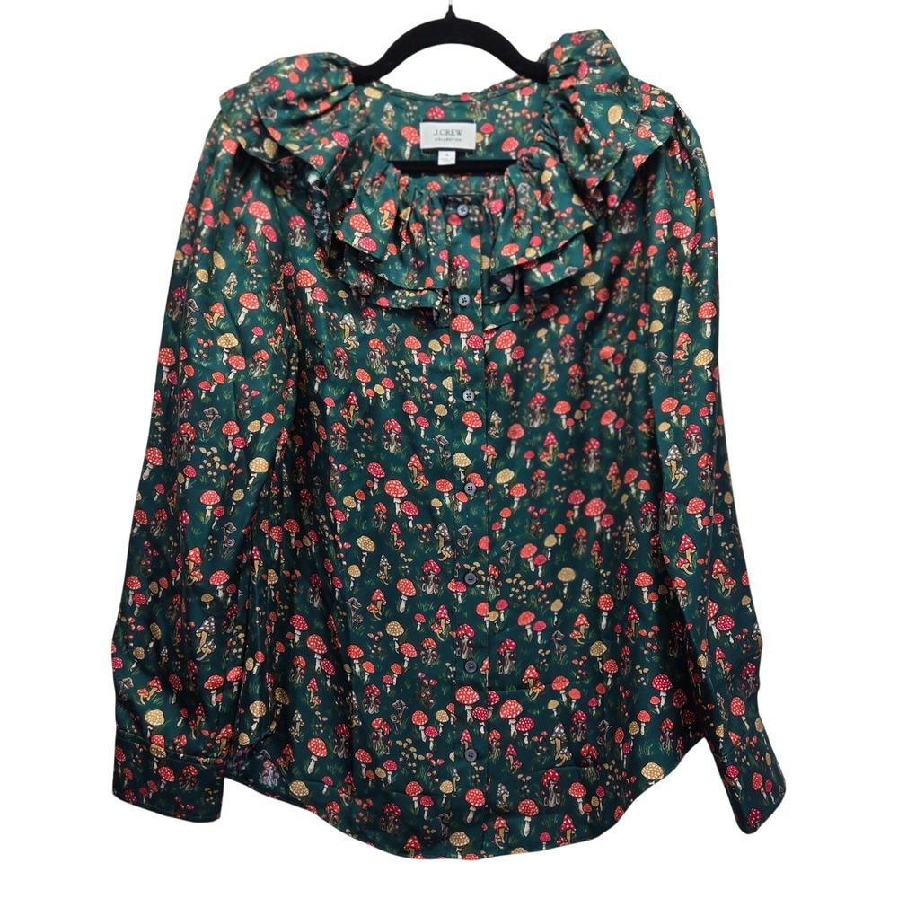 J Crew Collection Mushroom Print Silk Ruffle Collar Blouse Green Small Whimsical